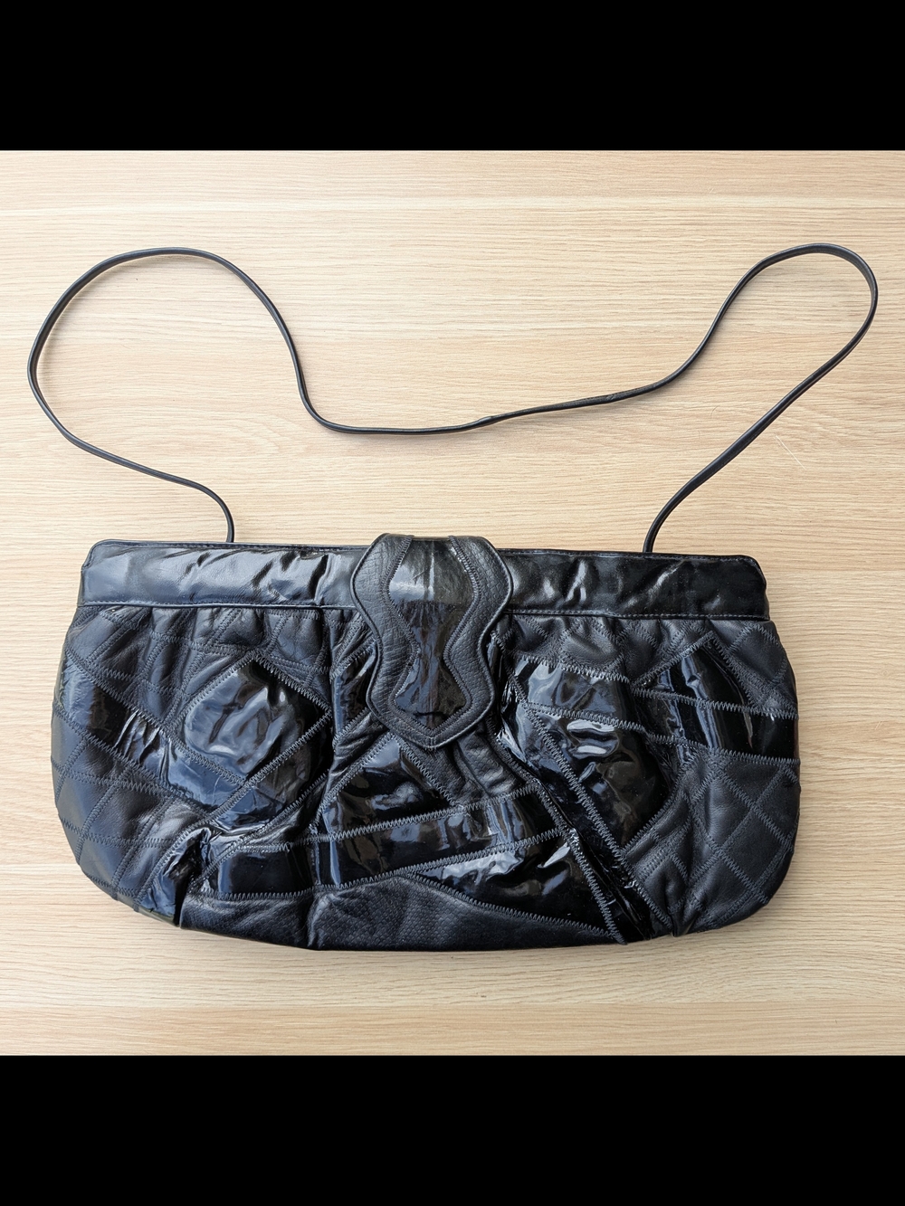 Vintage Black Quilted Patent Shoulder Bag with Slim Strap
